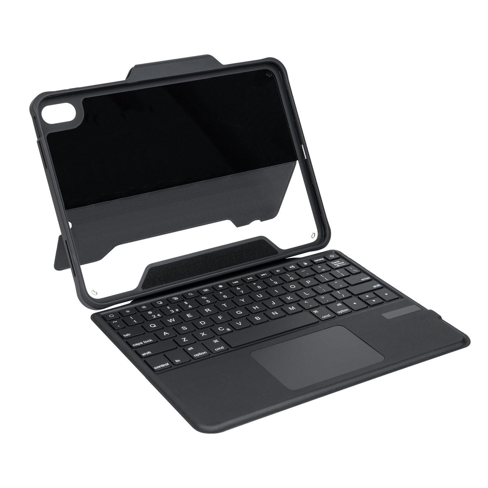 EB117 Detachable Folio Case structure view, emphasizing the vertical assembly, connected keyboard, and two-part protective design (opaque surround and clear lower shell).