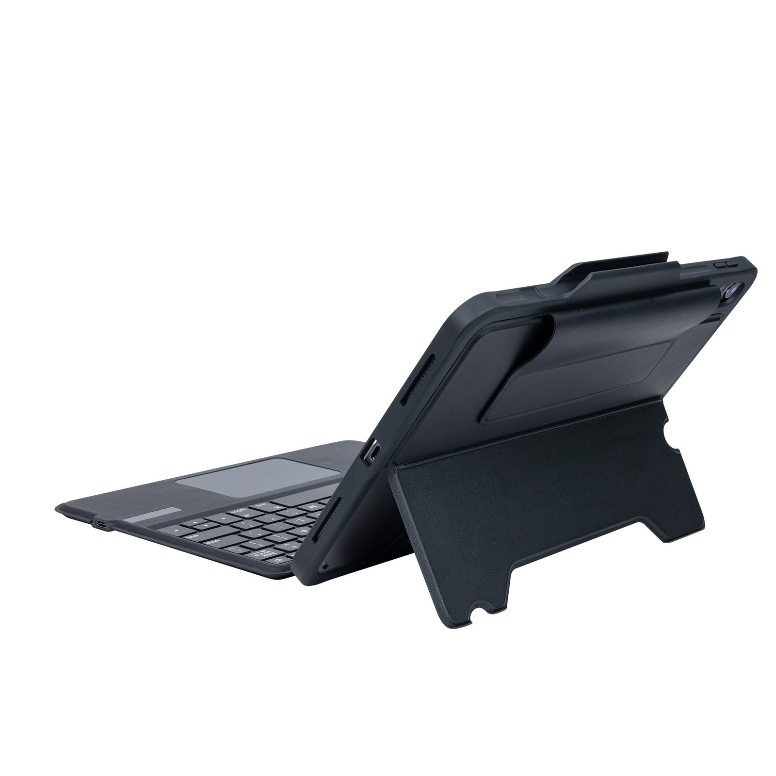 Back-Side Contour View of the open folio case, showing the iPad's outline within the cover, emphasizing the overall thickness and 360-degree edge protection.