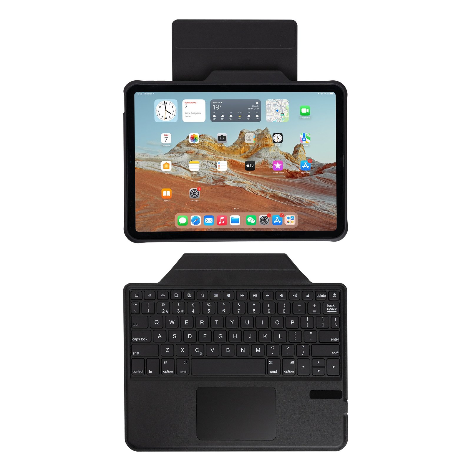 EB117 Detachable Keyboard and Folio Case for iPad 10th Gen, showing magnetic separation and flexible tablet-only use.