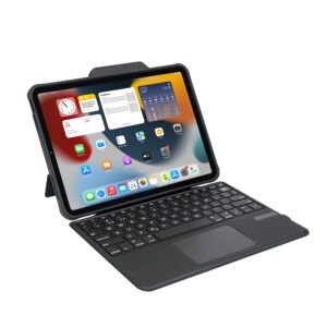 EB117 Multi-Angle Folio Case for iPad 10, highlighting the flexible kickstand and stable typing/viewing angle for presentations.