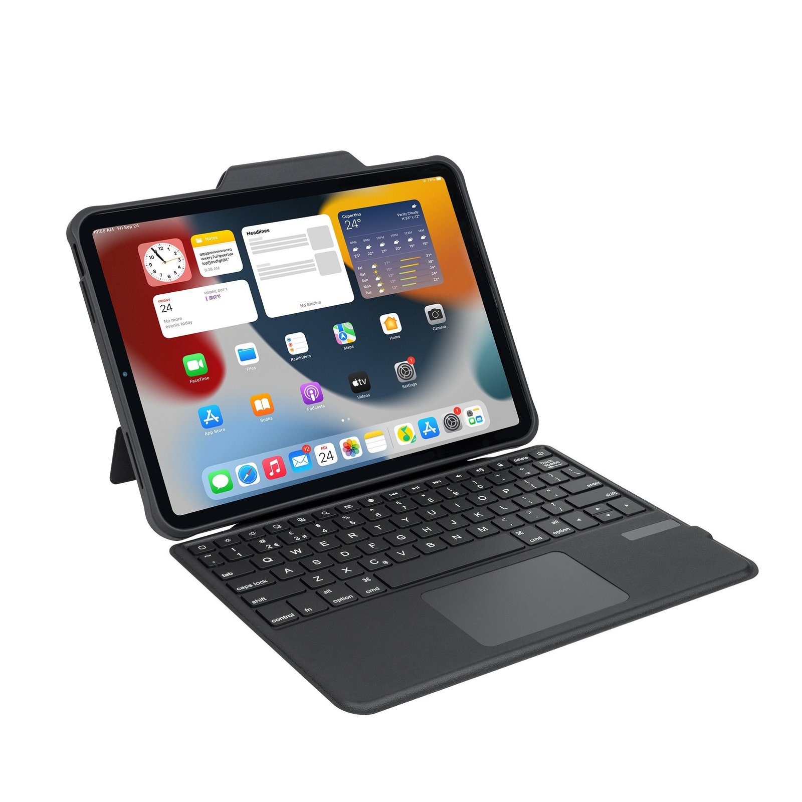 EB117 Multi-Angle Folio Case for iPad 10, highlighting the flexible kickstand and stable typing/viewing angle for presentations.