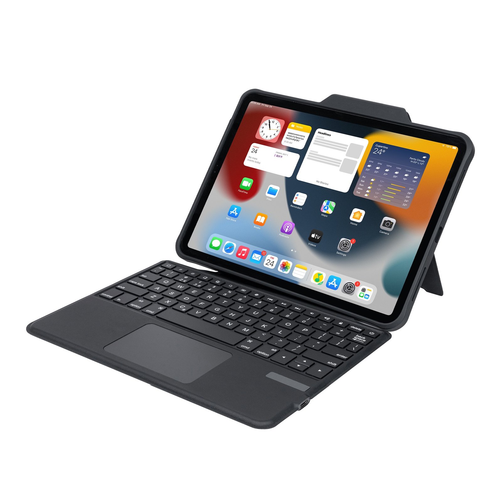 EB117 Durable Folio Keyboard Case for iPad 10th Gen, showing the connected keyboard and stable side-angle working mode for productivity.